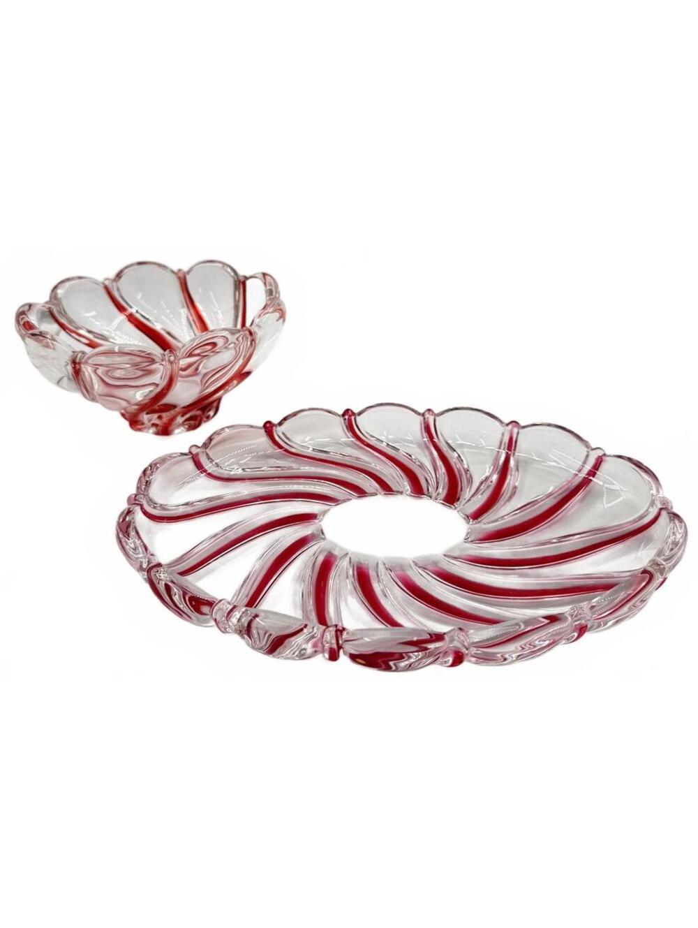 Vintage Mikasa Peppermint Art Glass Bowl Set Red Swirl MCM Style